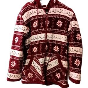 Trail Crest Fleece Hoodie M Nordic Snowflake Fair Isle Red White Sherpa Lined...